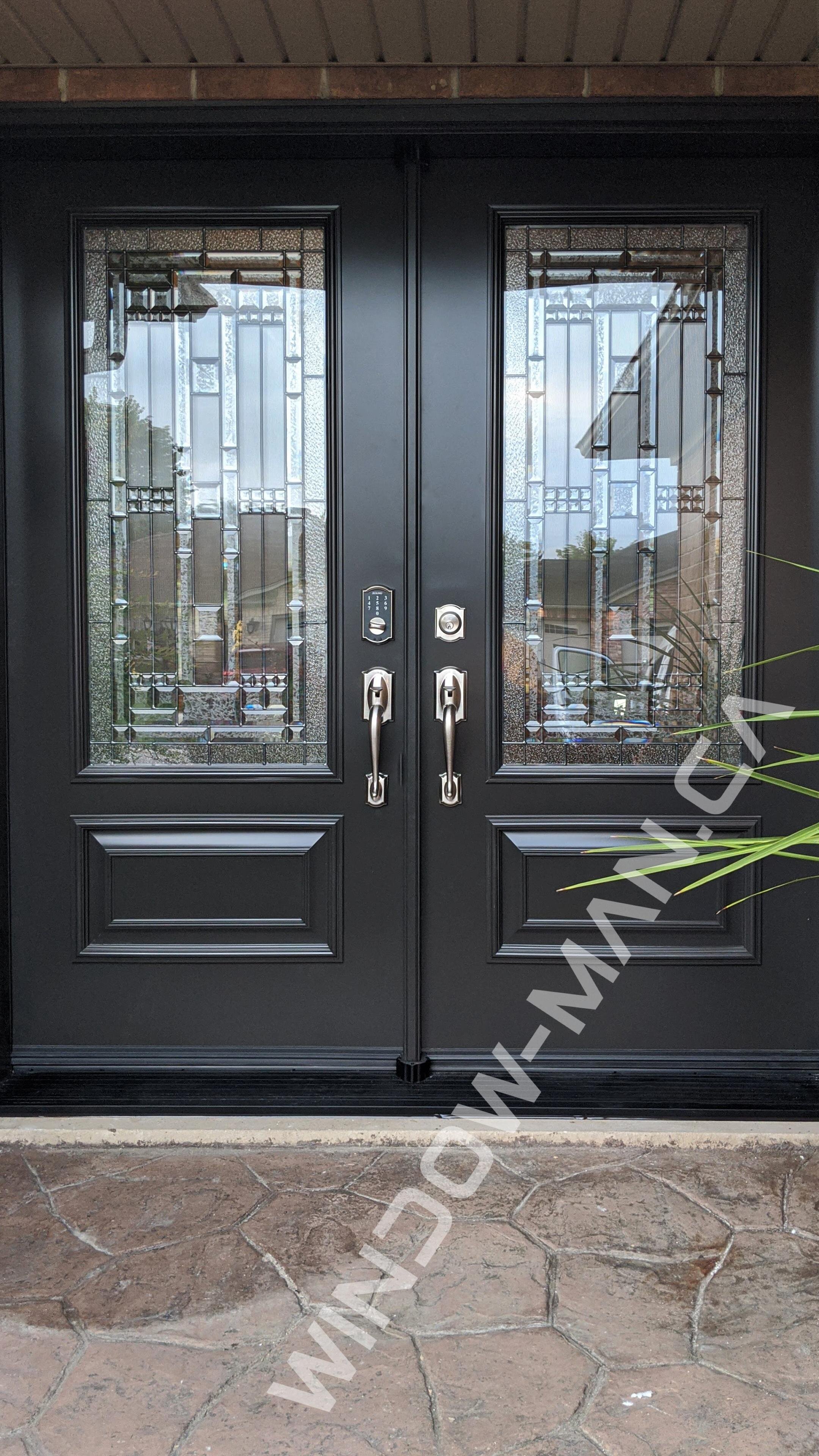 black doors exterior double with winchester 3/4 stained glass executive panels