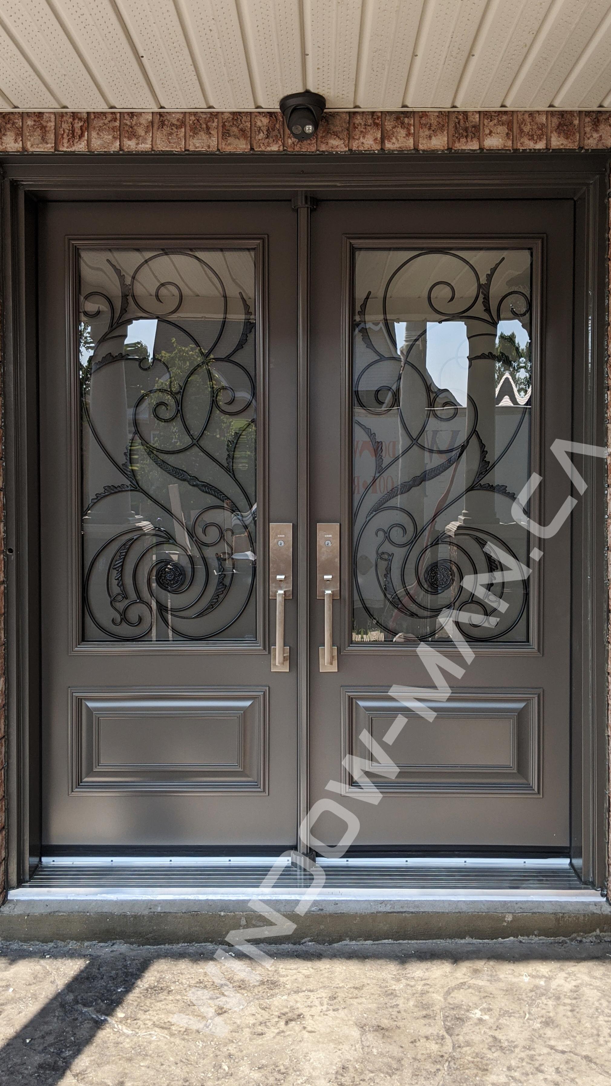 grey doors double in windswept smoke with port union 3/4 wrought iron glass executive panels