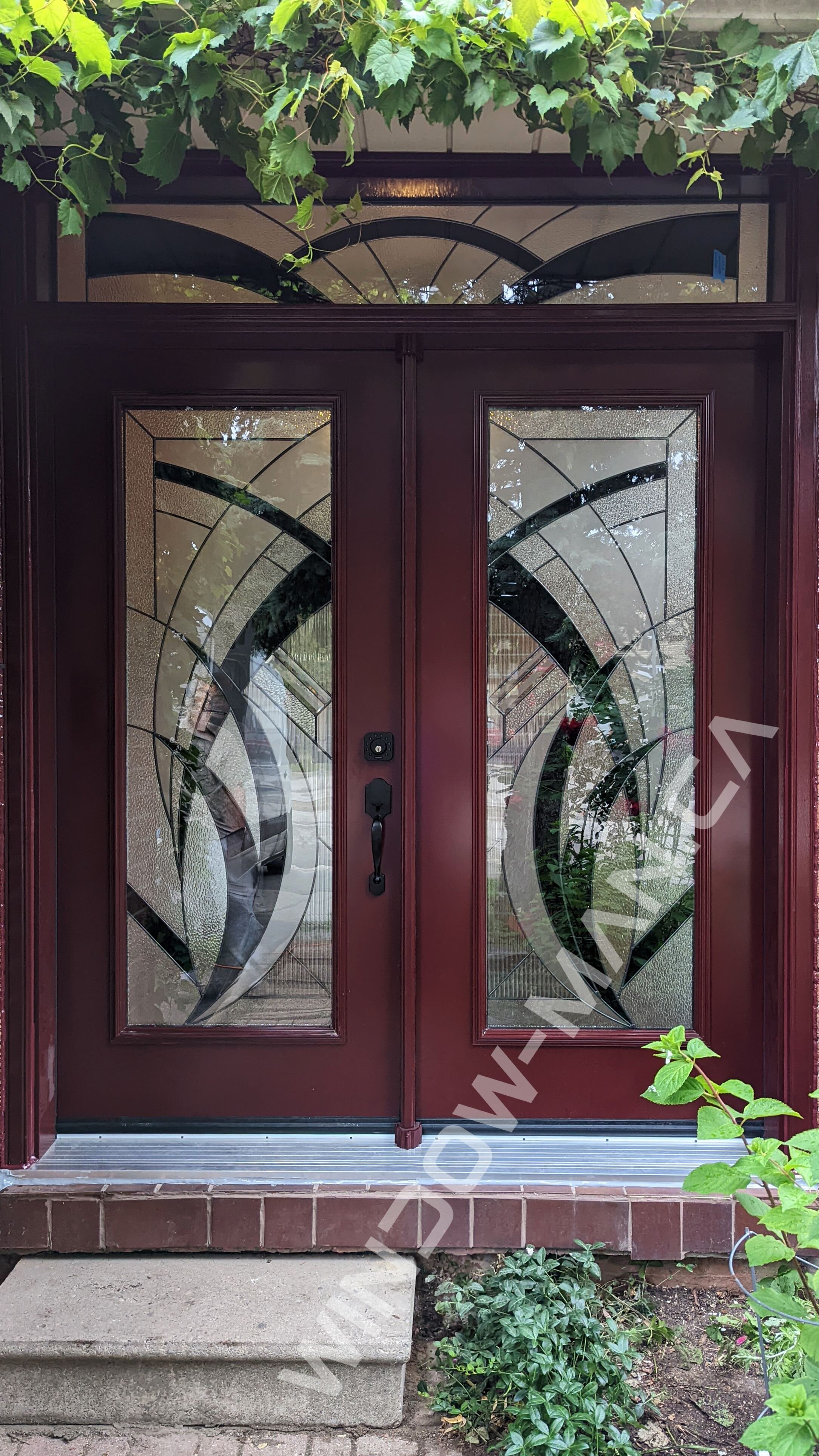 red doors double in burgundy with san diego full stained glass with matching transom porch