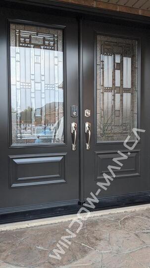 black doors exterior double with winchester 3/4 stained glass executive panels - view from the outside