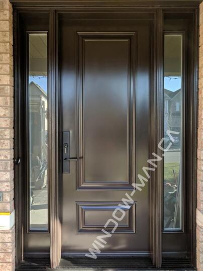 dark brown exterior door with sidelights with 3 point locking system executive panels, 8-ft