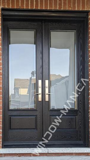 entrance double doors fiberglass in black 3/4 private clear border glass with multi point lock oak grain, 8 foot, 96 in