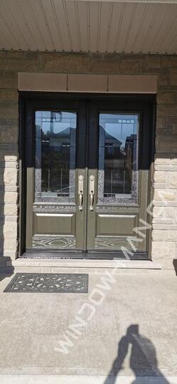 fiberglass double entry doors with glass in commercial brown with santa fe 3/4 stained glass oak grain - view from the outside