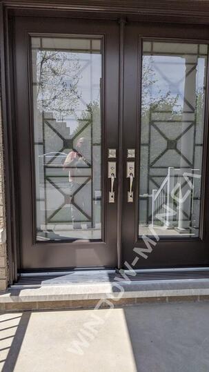 full glass exterior door double in nutmeg with century full wrought iron glass - detailed close up