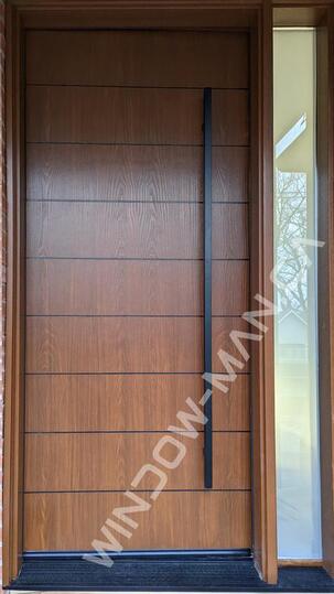 modern dark brown front door fiberglass with sidelight stained in teak with pull bar oak grain, 8 foot, 96 , wide 42 inches, grooving design