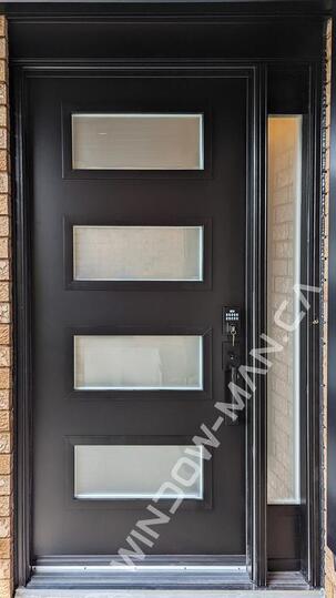 modern entrance door design with sidelight in black shaker frosted glass