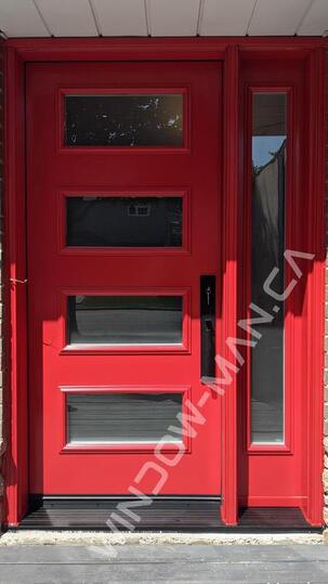 modern red front door with sidelight in bright red shaker acid etched glass