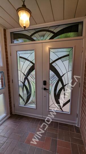 red doors double in burgundy with san diego full stained glass with matching transom porch - view from the inside
